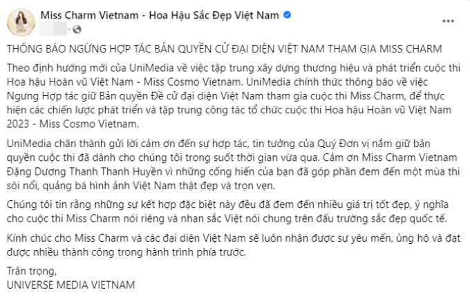 UniMedia ngừng hợp tác cử đại diện, Thanh Thanh Huyền là chiến binh Miss Charm duy nhất của nhà Hoàn vũ