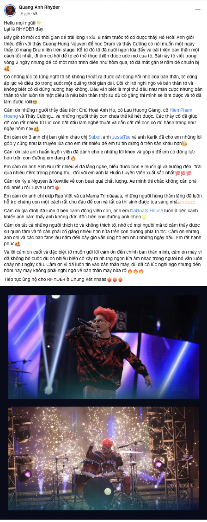 Quang Anh gửi tâm thư sau màn biểu diễn bứt phá tại “Rap Việt”, bất ngờ nhắc đến Hồ Hoài Anh
