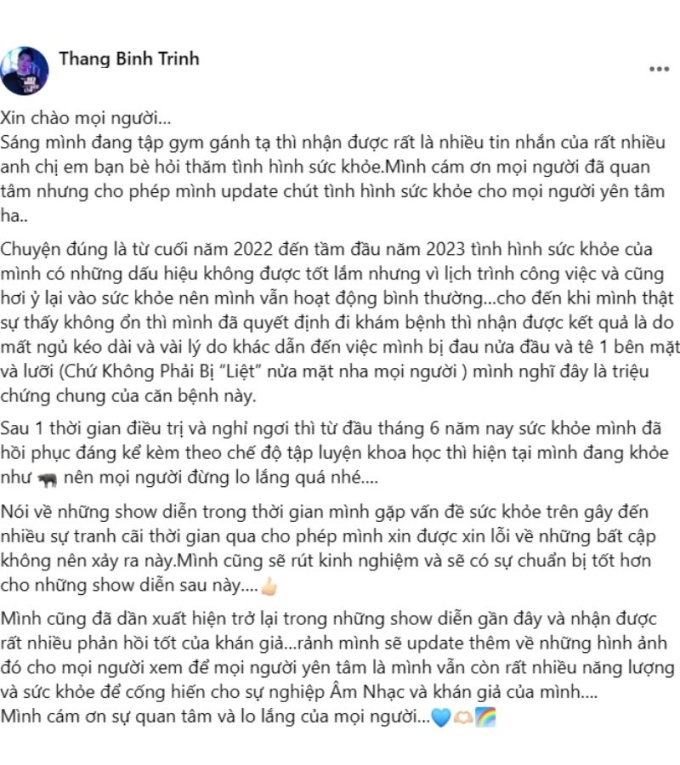 Trịnh Thăng Bình phủ nhận bị liệt nửa mặt, xin lỗi vì hát live lơ lớ gây tranh cãi