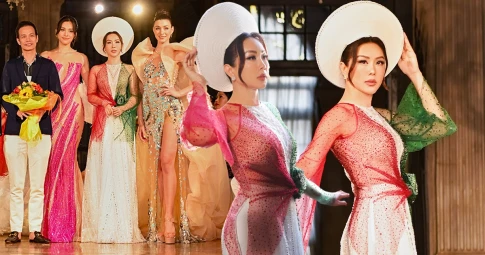 Hoa hậu Thu Hoài diện áo dài bên trời Tây, làm vedette cho NTK Hoàng Hải đầy duyên dáng