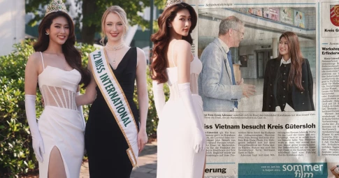 Thiên Ân rạng rỡ đọ sắc cùng Hoa hậu Quốc tế 2022, xuất hiện trên nhiều trang báo nước Đức