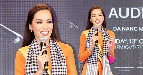 Hoa hậu Hoàng Phương mặc áo bà ba hát nhạc dân ca, tiến thắng vào Top 18 phần thi "Grand Voice"