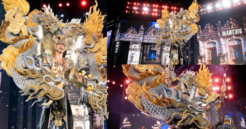 Tuấn Ngọc diễn trang phục “Thạch long họa khắc” phun lửa, tiến thẳng vào Top 20 National Costume