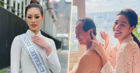 Hoa hậu Khánh Vân khoe mặt mộc, cắt tóc cho bố tại nhà