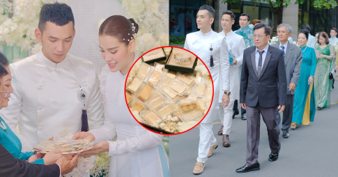 Cận cảnh dàn bê tráp và sính lễ vàng rồng sáng chói tại hôn lễ Phương Trinh Jolie và Lý Bình