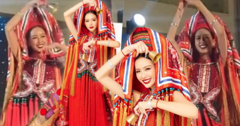 Bảo Ngọc trình diễn trang phục dân tộc "Cô em Dao đỏ" xuất thần, chuẩn điểm 10 tại Miss Intercontinental