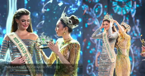 Miss Grand Thùy Tiên diện thiết kế 5.000 viên đá pha lê khi trao vương miện cho người kế nhiệm