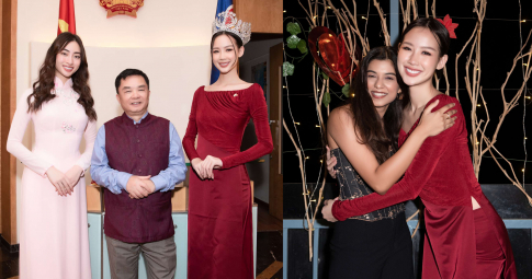 Tự hào khoe vẻ đẹp áo dài Việt Nam, hoa hậu Bảo Ngọc ôm chầm một nhân vật đặc biệt tại Ấn Độ